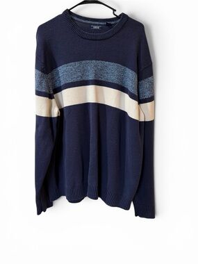 IZOD Men’s XXL Navy Colorblock Crewneck Cotton Knit Sweater Blue Casual 2XL